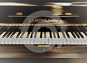 Old black French piano L.Delvain, Paris, keyboard, logo, musicstand