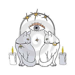 Vintage Mystic Cats and candles inside arch decorated with stars and all seeing eye drawing