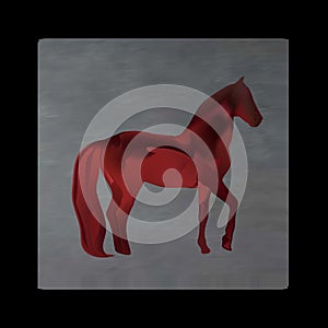 Vintage mystical horse in scarlet colors on black background. Burgundy silk drape like blood.