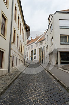 Vintage Narrow street paved with stones, Budapest, Hungary. Old Urban concept
