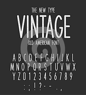 Vintage narrow type, modern letters design, old american font. White retro letters and numbers set on black background