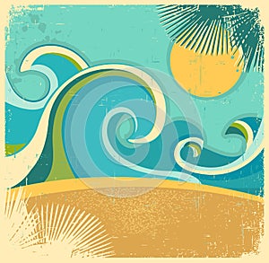Vintage nature sea with waves and sun.Vector retro