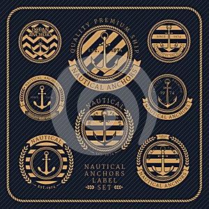 Vintage nautical anchors label set on dark striped background