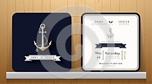 Vintage Nautical Anchors Wedding Invitation Card in Navy Blue Theme