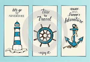 Vintage nautical banners with hand drawn vector anchor, lighthouse, wheel and hand made lettering, sketch. Can be used for layout