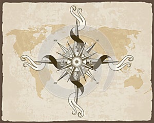 Vintage nautical compass. Old world map on vector paper texture with grunge border frame. Wind rose