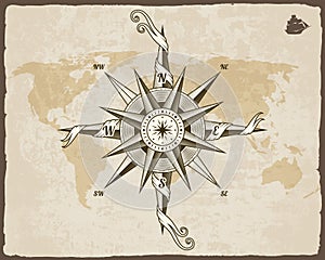 Vintage nautical compass. Old world map on vector paper texture with grunge border frame. Wind rose