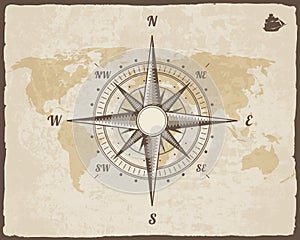 Vintage Nautical Compass. Old World Map on Vector Paper Texture with Torn Border Frame. Wind rose. Background Ship Logo