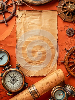 Vintage Nautical Exploration Concept with Old Compasses, Steering Wheels, and Map on Wooden Background