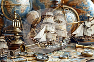 Vintage Nautical Exploration Theme with Antique World Globes, Model Ship, and Navigation Tools