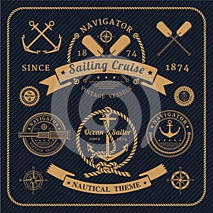 Vintage nautical labels set on dark background