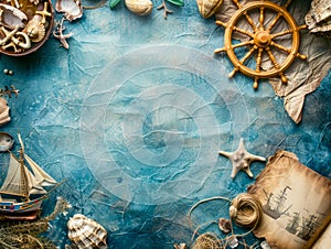 Vintage Nautical Map Background with Maritime Decorations and Old Treasure Map on Textured Blue Surface