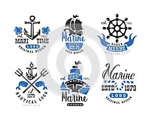 Vintage Nautical and Marine Labels, Signs or Logo Templates Vector Set