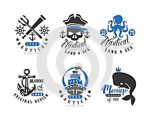 Vintage Nautical and Marine Labels, Signs or Logo Templates Vector Set