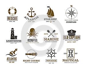 Vintage nautical, marine sailing, sea vessel vector labels, badges, logo