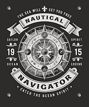 Vintage Nautical Navigator Typography On Black Background photo