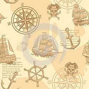 Vintage nautical seamless pattern. Hand drawing marine old sketch adventure travel manuscript wallpaper vector texture