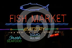 Vintage Neon Fish Market Sign Photo Composite
