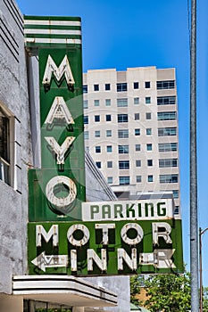 Vintage Neon Parking Sign at the Magnificent Mayo Hotel, Tulsa, Oklahoma. Restored Art Deco Tourisim Destination