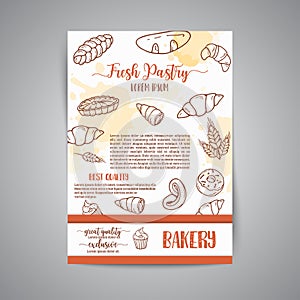 Vintage newsletter with sketch bakery, pastries, sweets, desserts, cake, muffin and bun. Hand drawn design for menu