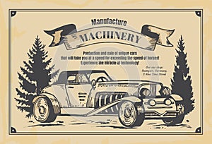 Vintage newspaper banner. Machinery manufacture poster on yellow newsprint. Hand drawn retro automobile and advertising