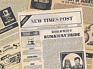 Vintage newspaper. Retro newsprint or magazine page with grunge texture and old headers. Vector ancient paper news