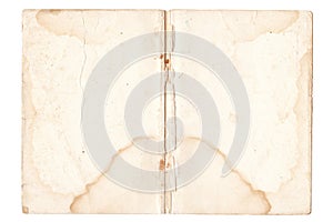 Open vintage notebook cover texture isolated on white background. Old stained and distressed book binding with rust