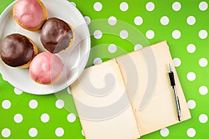 Vintage notebook with recipe for delicious homemade donuts with