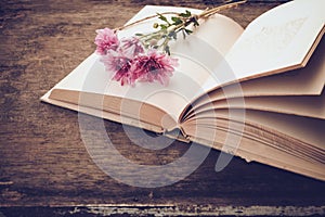 Vintage novel books with bouquet of flowers on old wood background