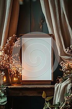 Vintage Oak Shelf with Blank Greeting Card and Soft Lighting photo
