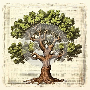 Vintage Oak Tree Print: Detailed Crosshatching With Psychological Symbolism