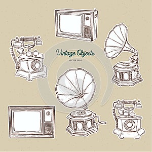 Vintage object set, hand draw sketch vector