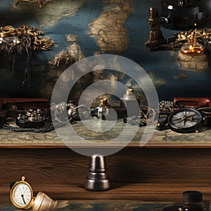Vintage objects and old map in dark navy and dark bronze (tiled