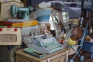 Vintage objects for sale at street market antiques shop