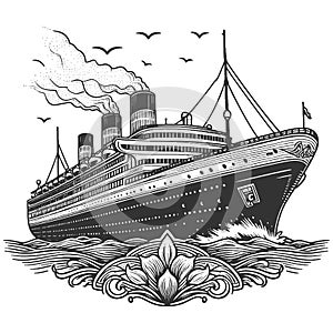 Vintage Ocean Liner engraving vector illustration