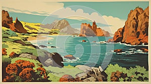 Vintage Ocean And Mountain Coastal Land Poster Print