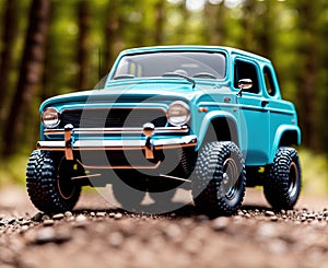 A vintage off-road vehicle driving on a dirt road in the woods.