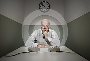 Vintage office worker using intercoms