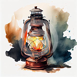 Vintage oil lamp with burning warm watercolor set. Retro antique kerosene lamp in a metal frame standing on a table.