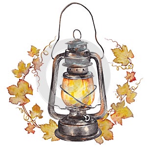 Vintage oil lantern with autumn grape leaf wreath.