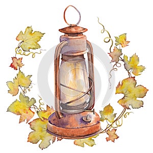 Vintage oil lantern with leaf wreath.
