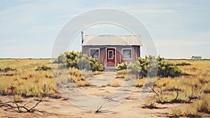 Vintage Oil Painting Of A Desert Cottage In Realistic Figurative Style