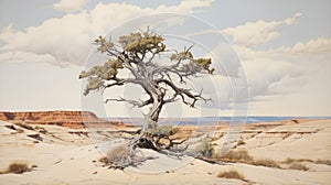 Vintage Oil Painting Of A Desert Oak In The Badlands