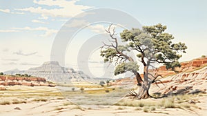 Vintage Oil Painting Of A Desert Oak In Badlands