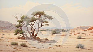 Vintage Oil Painting Of Desert Tree In The Style Of Kestutis Kasparavicius