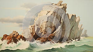 Vintage Oil Painting Of Dramatic Rocky Coast On White Background