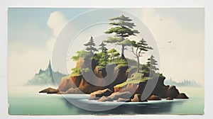 Vintage Oil Painting Of Island With Cave Cedar - 2d Animation Style