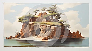 Vintage Oil Painting Of Island With Cave Cedar - Hiroshi Nagai Style