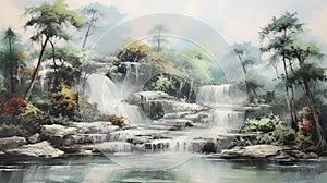 Vintage Oil Painting Of A Lagoon With Waterfall