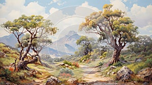Vintage Oil Painting Of Mountain Nature Alley